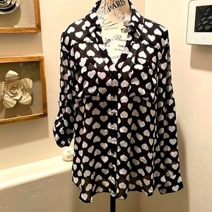 Black with white hearts sheer Express The Portofino blouse size L